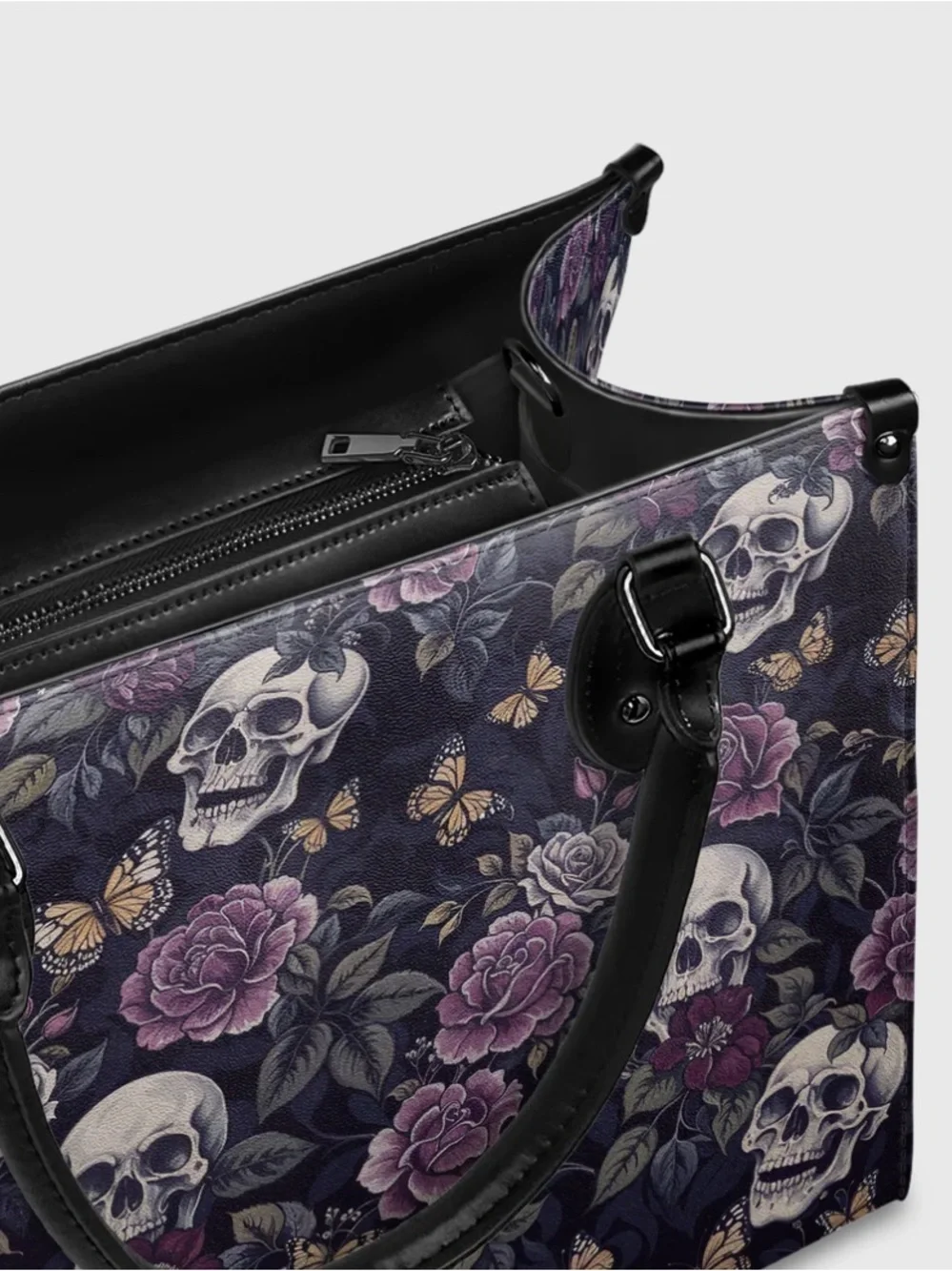 Gothic Skull & Rose Purple Tote Bag with Black Handles